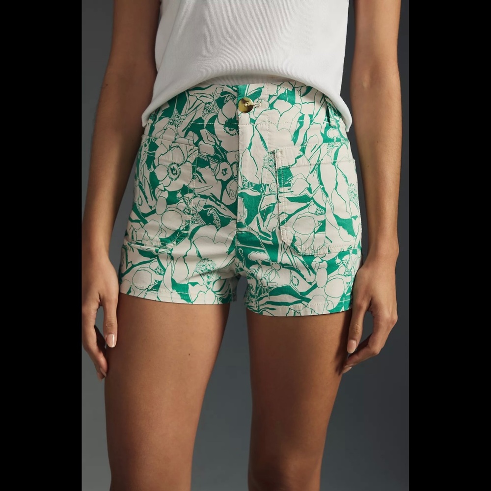 Anthropologie Green and Cream Floral Print High-Rise Shorts